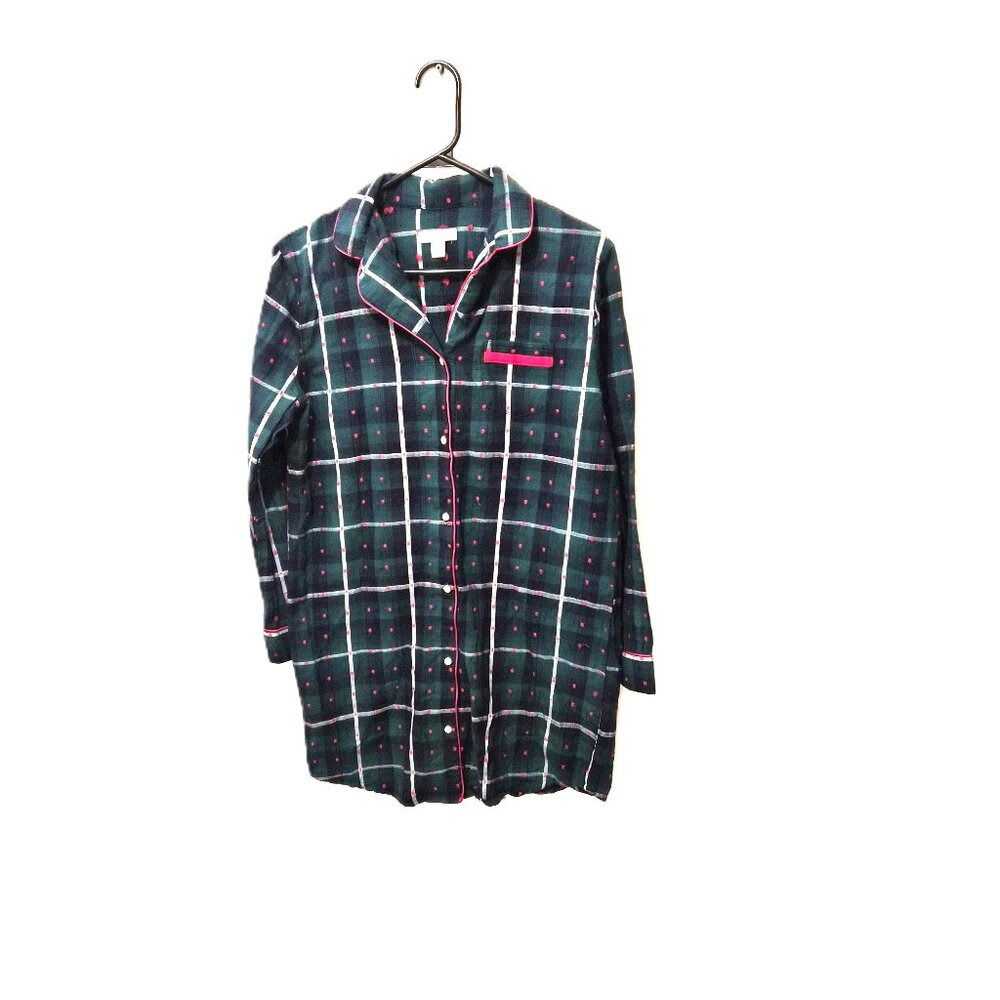 Lord&Taylor Cotton Plaid Nightshirt Pajama Top M Green with Red Embroidered Dots
